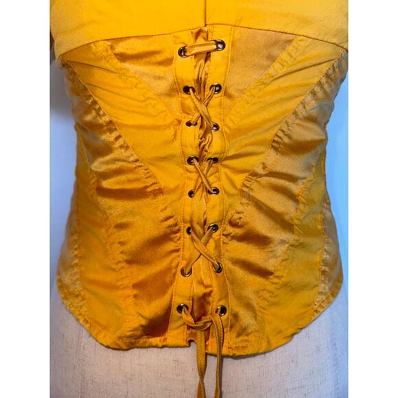 Marciano Women's Yellow Button Up Short Sleeved Corset Blouse Ribbon Tieback XS - Picture 5 of 6